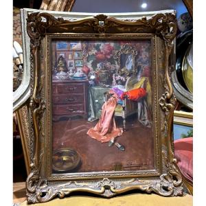 Oil Painting On Panel Interior Scene Madame's Bedroom By Bonnardel Boudoir Nineteenth 
