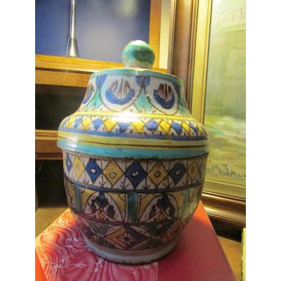 Vase Marocain Epoque 1930 Environ Emaillé Fez Maroc Pot Couvert