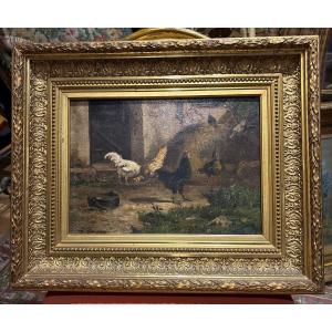 Oil Painting On Canvas 19th Century By Jacque Hens And Roosters 