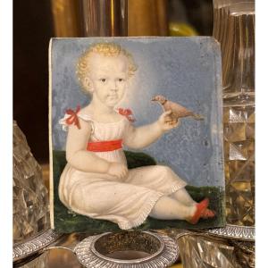 Miniature On Ivory, Empire Period, Little Girl With Dove, Circa 1810 Painting 