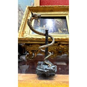 Salvador Dali Sculpture In Patinated And Gilded Bronze The Caduceus With The Dragon Referenced Work 