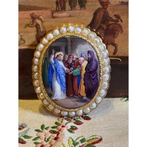 Broche En Or Et Perles XIXe Miniature huile Sur Nacre jesus et les hébreux tables bibliques