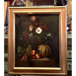 French School Painting Still Life Flowers And Fruits 19th Century Oil On Canvas 