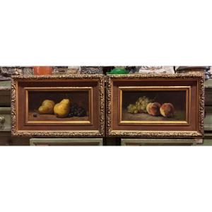 Paire De Tableaux XIXe Natures Mortes Aux Fruits D Automne Huile Sur Bois Pêche Raisin Poire