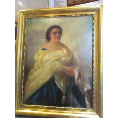 Large Painting XIX Woman Under Oil Portrait On Canvas Signed