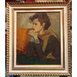 Painting Cesare Monti Portrait Of Femme Fatale Circa 1950 Oil On Canvas 