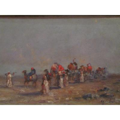 Orientalist Painting Oil On Panel Signed Caravan Du Desert Era By 1930 Touareg