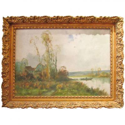 Ancien Grand Tableau Huile Sur Toile XIXeme Signé Cippriany Paysage Bord De Riviere