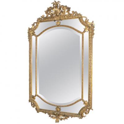 Ancien Miroir Glace Parecloses Bois Doré Epoque XIXeme Style Louis XIV Napoleon III