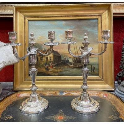 Old Pair Of Candlesticks Louis XV Period Candlesticks Eighteenth In Silver Metal Rocaille