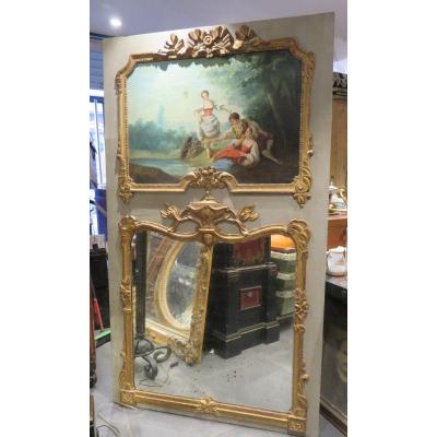 Ancien Trumeau Miroir De Cheminée Bois Laqué Et Doré  Epoque Fin XVIIIe Scene Galante Huile / T