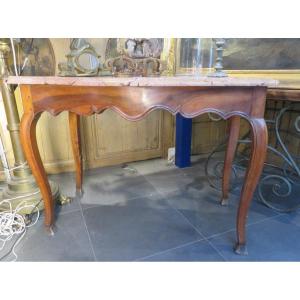 Ancienne Console Table A Gibier Fin XVIIIe En Noyer Provençale Dessus De Marbre