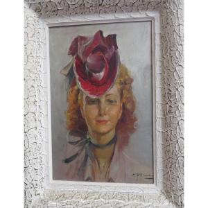 Ancien Tableau Huile Sur Isrorel Durando Togo Richard  Portrait De Femme  Elegante Vers 1950