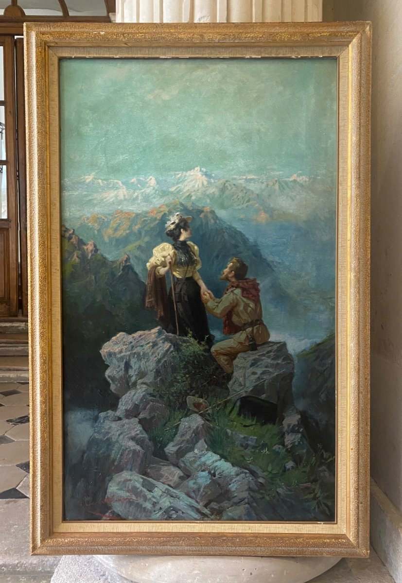 Loving Couple At Altitude, Oil On Canvas Late 19th Century