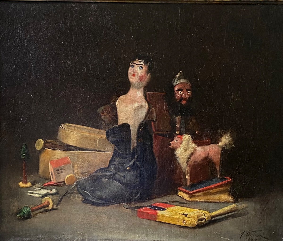 Composition With Toys, Oil On Canvas By Weber In 1884-photo-2