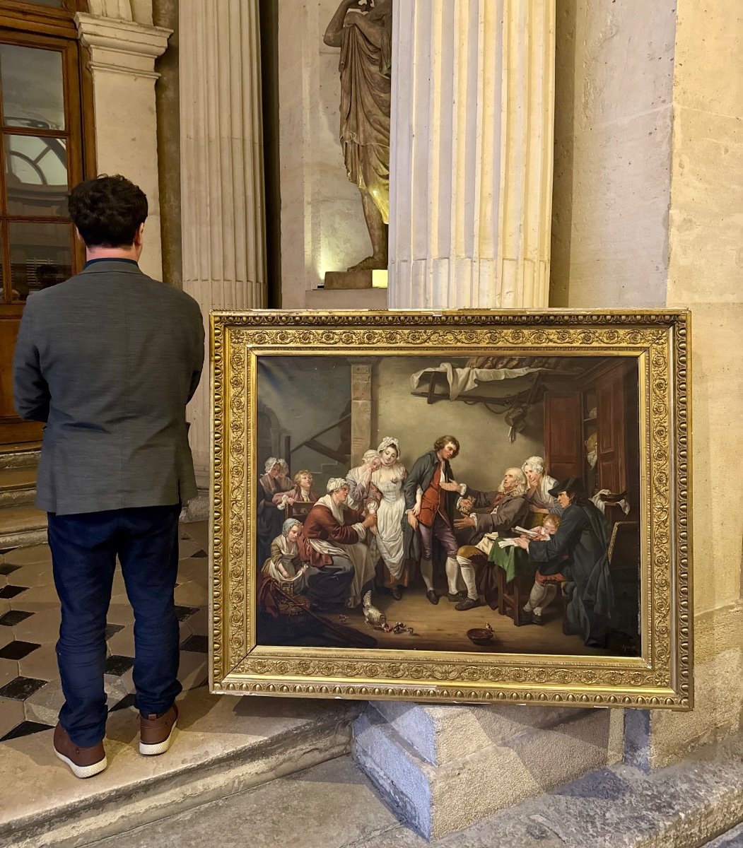 L’accordée De Village, grande toile d’après  J-B Greuze, 19ème Siècle -photo-2