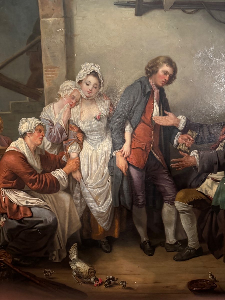 L’accordée De Village, grande toile d’après  J-B Greuze, 19ème Siècle -photo-1