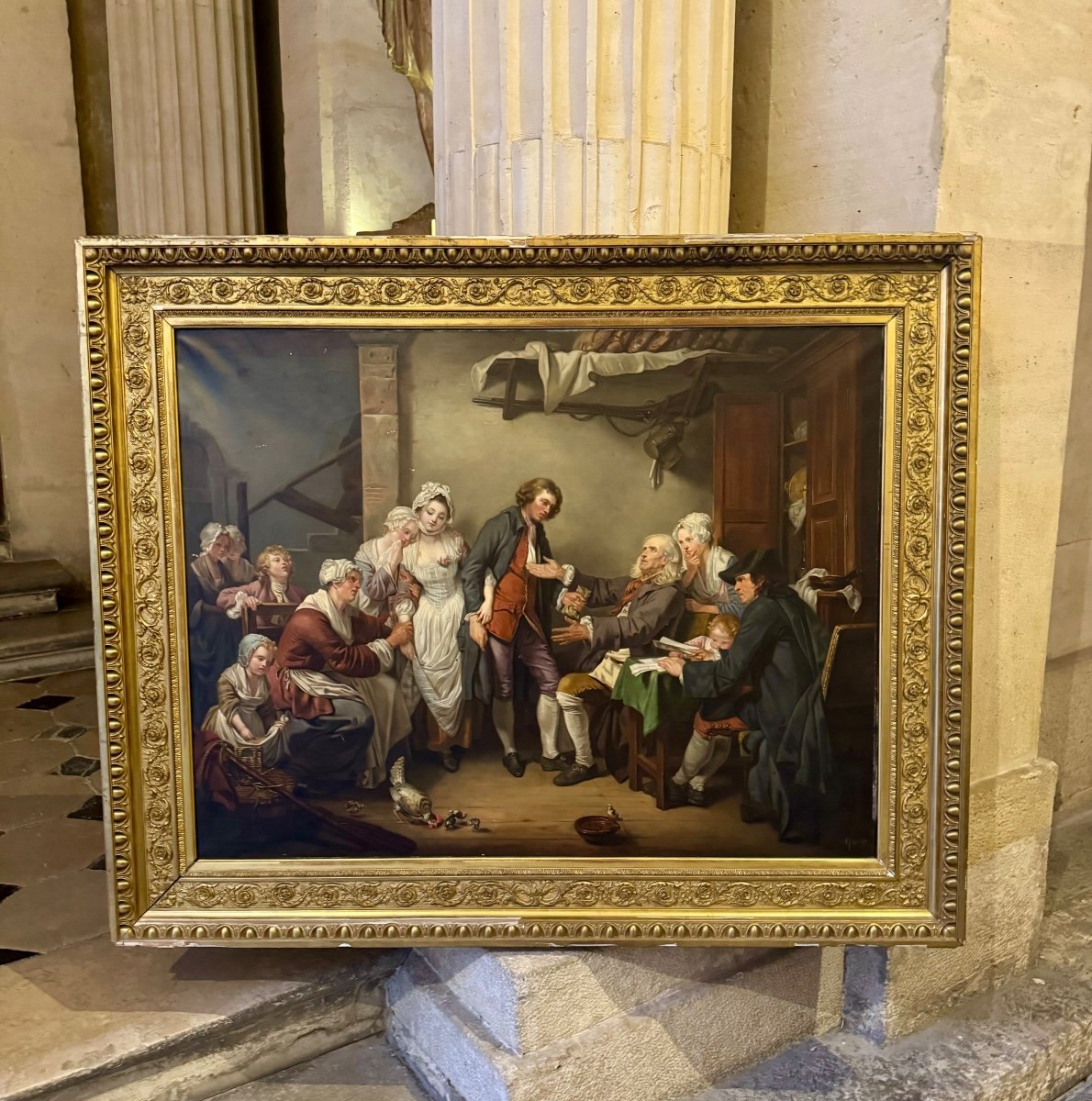 L’accordée De Village, grande toile d’après  J-B Greuze, 19ème Siècle 