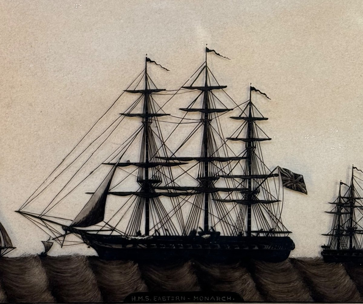 Silhouettes de Bateaux Anglais, Peinture Sous-Verre, Fin du 19 th Century-photo-1