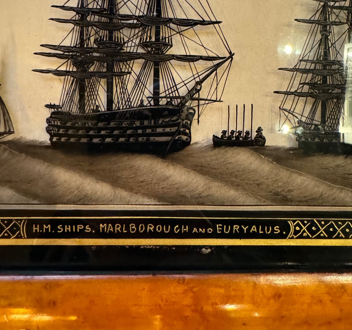 Silhouettes Of British Ships, Under Glass Painting Late 19th Century -photo-1