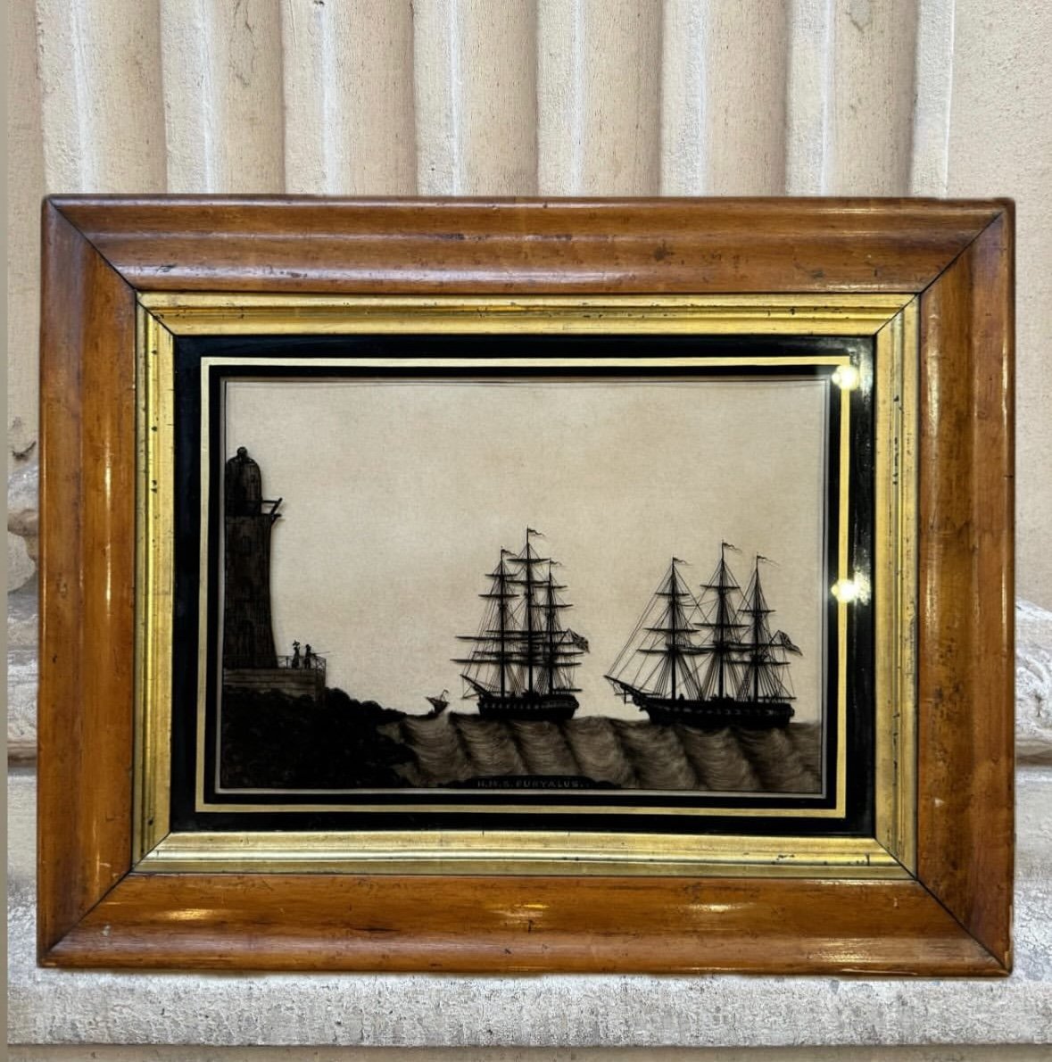 Silhouettes De Bateaux Britanniques, Peinture Sous-Verre Fin 19ème Siècle 