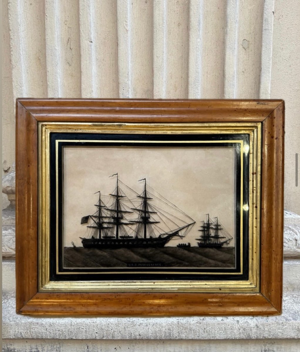 Silhouettes De Bateaux Britanniques, Peinture Sous-Verre Fin 19ème Siècle 