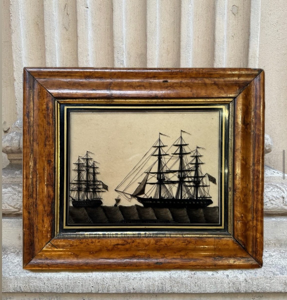 British Ship Silhouettes, Late 19th Century Under Glass Painting 