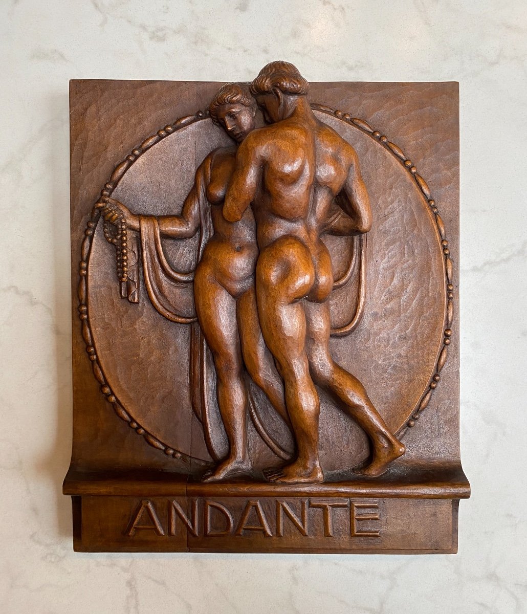 Andante, Bas-relief En Bois Des Années 20-photo-1