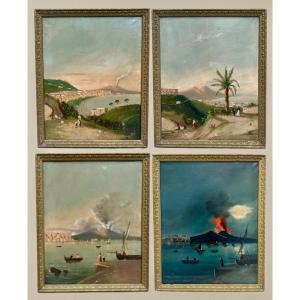 4 Views Of The Bay Of Naples And Vesuvius, Late 19th Century