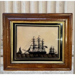 Silhouettes Of British Ships, Under Glass Painting, 19tj Century