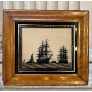 Silhouettes Of British Ships, Under Glass Painting Late 19th Century 