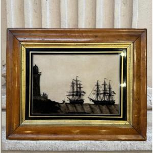 British Ship Silhouettes, Late 19th Century Under Glass Painting 