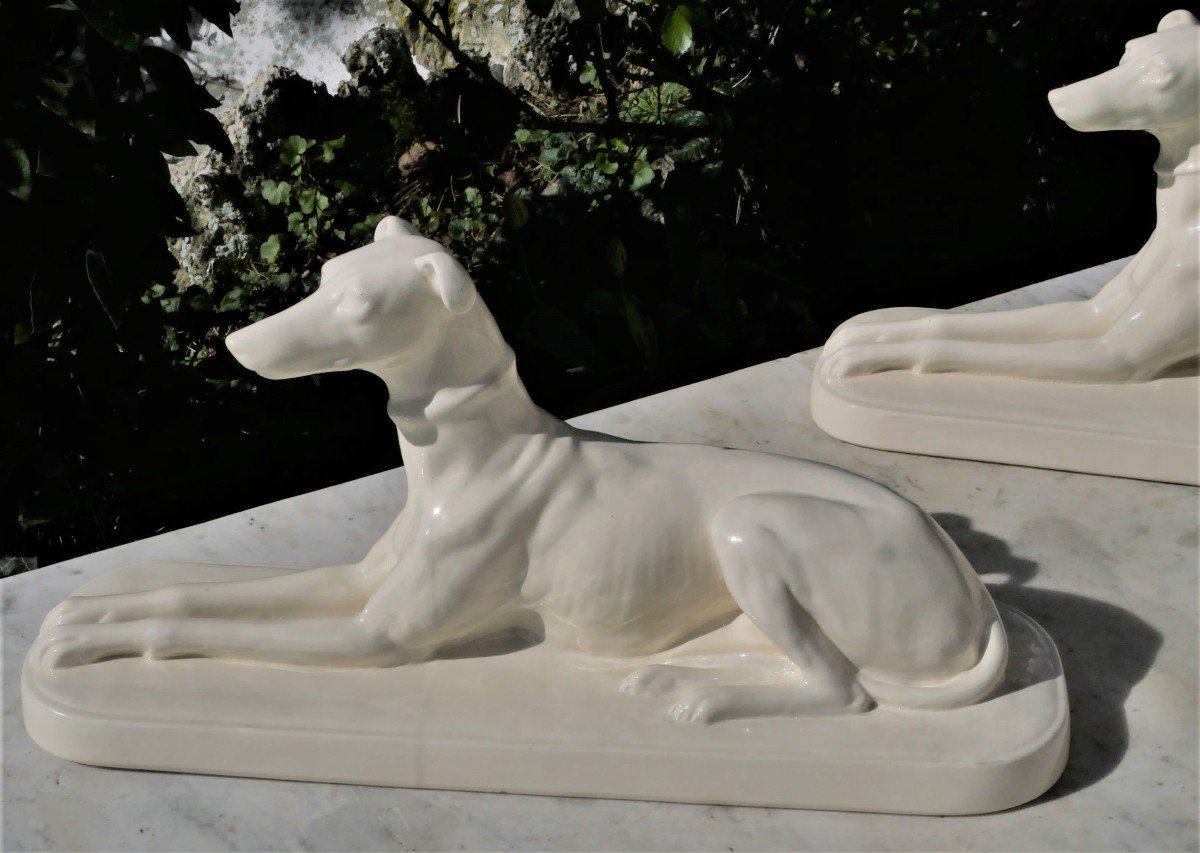 Art Deco - Pair Of Earthenware Greyhounds From Sarreguemines-photo-2