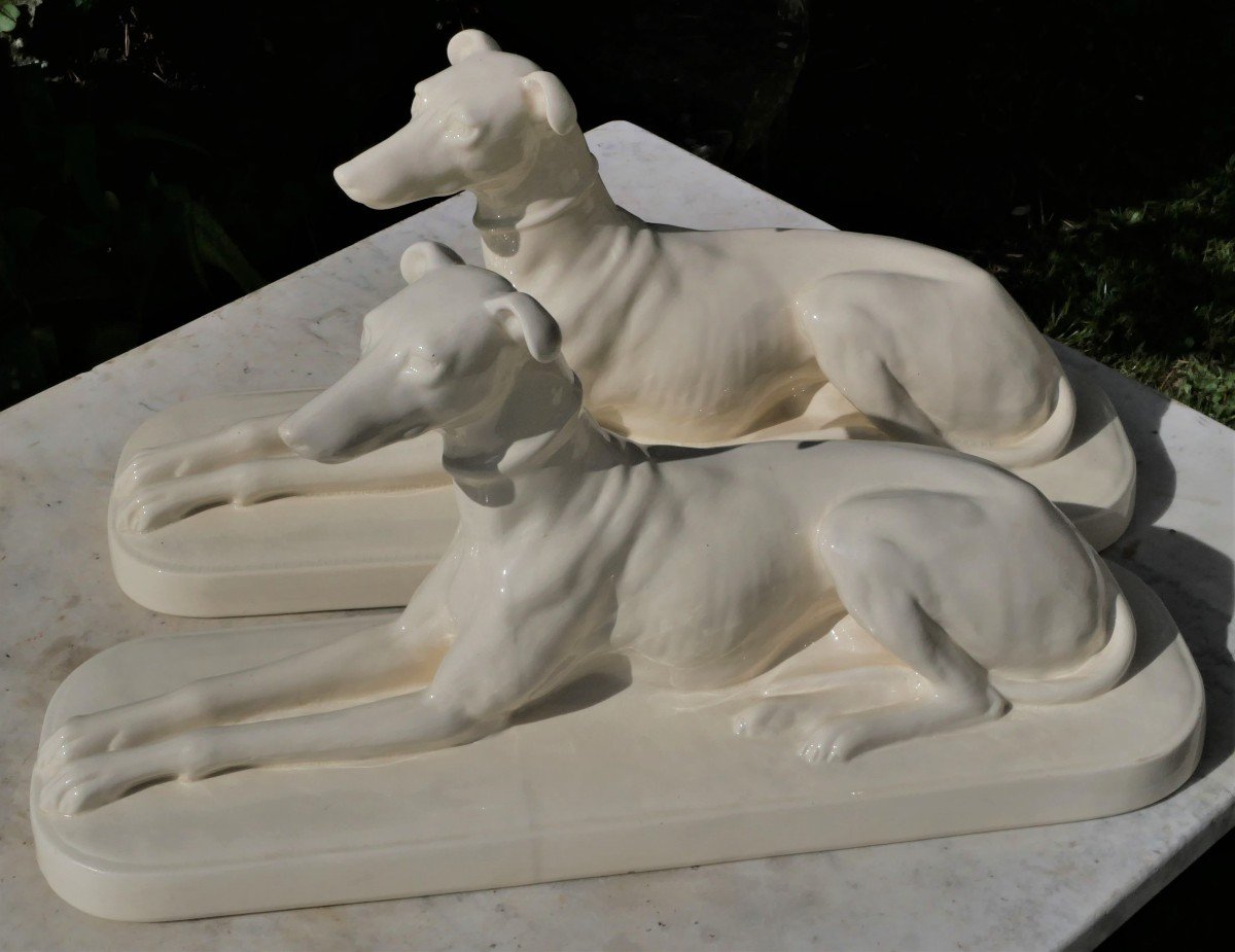 Art Deco - Pair Of Earthenware Greyhounds From Sarreguemines-photo-4