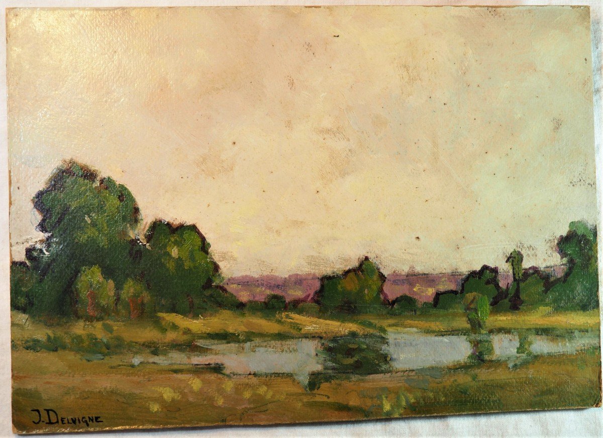 Hsp - Landscape Painting - Signed Julien Delvigne - 19 X 27 Cm - 19th Century-photo-2