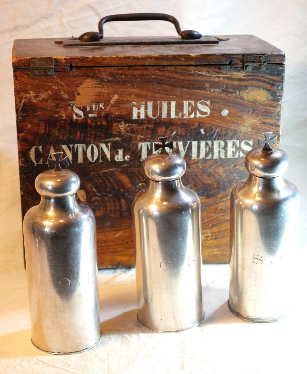 Coffret En Bois Aux Saintes Huiles Contenant 3 Flacons Canton De Trevieres XIX - Sdb24hui001 -photo-1