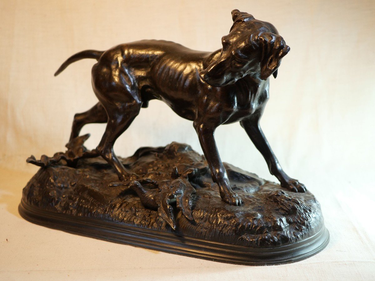 English Pointer Hunting Dog In Bronze Signed Jules Moigniez With Small Partridge Bea24bzm001 -photo-3