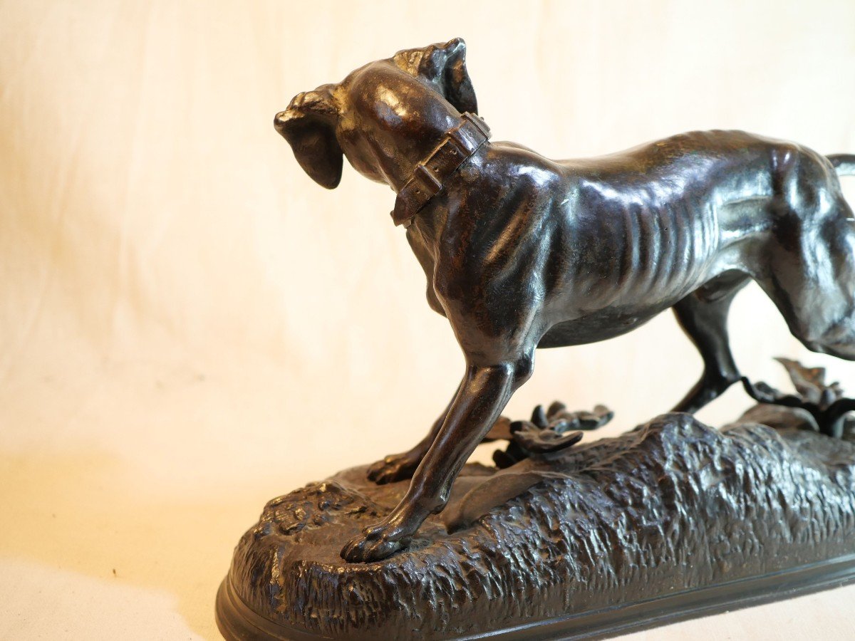 English Pointer Hunting Dog In Bronze Signed Jules Moigniez With Small Partridge Bea24bzm001 -photo-1