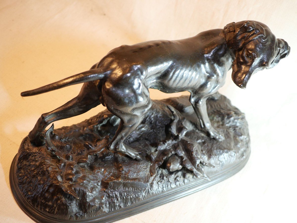 English Pointer Hunting Dog In Bronze Signed Jules Moigniez With Small Partridge Bea24bzm001 -photo-5