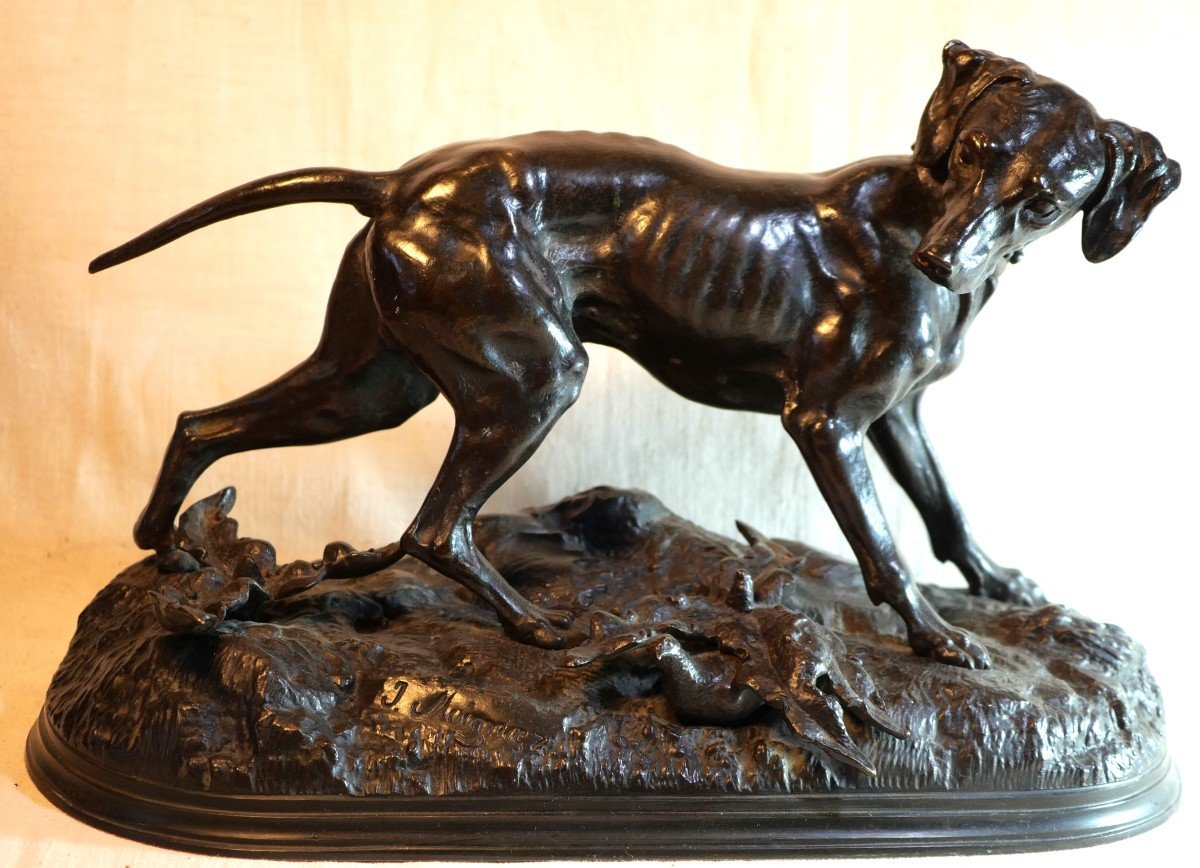 English Pointer Hunting Dog In Bronze Signed Jules Moigniez With Small Partridge Bea24bzm001 