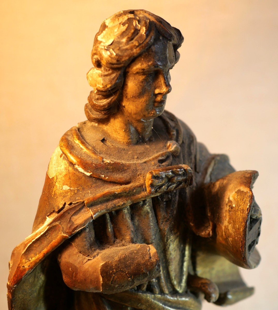 Statuette Saint Jean l'évangéliste En Bois Doré Sculptée XVII Date Mcvd 1605 -  Ref Blo24scu001-photo-2