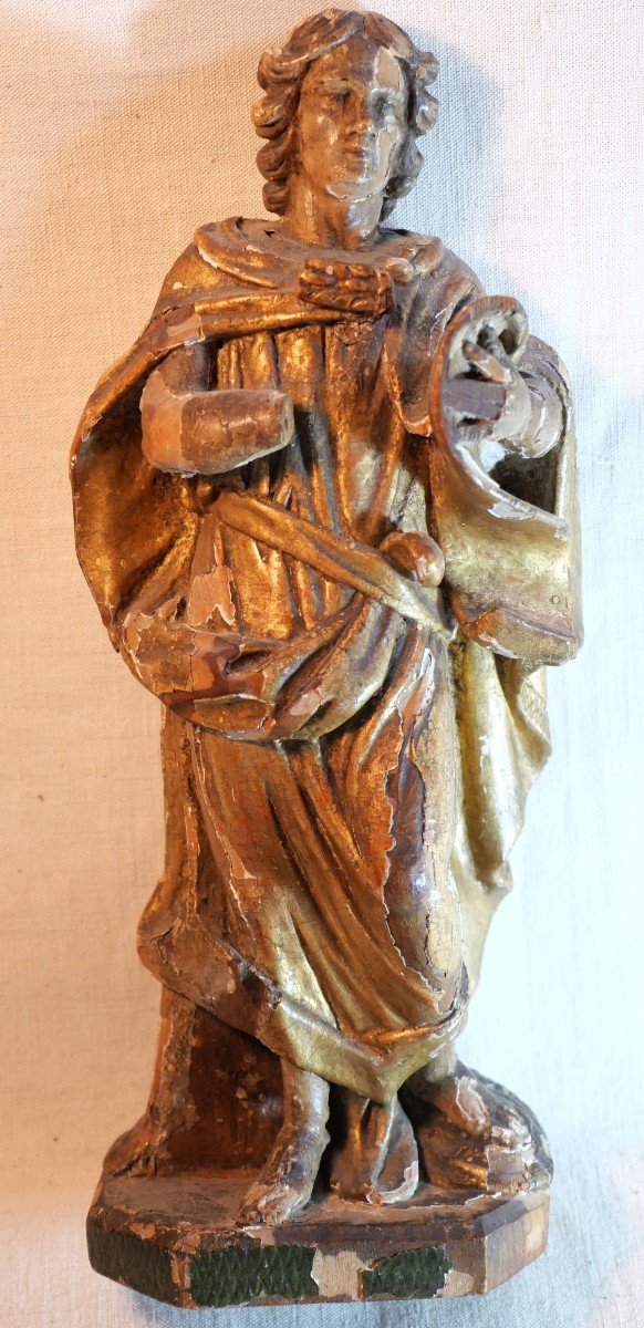 Statuette Saint Jean l'évangéliste En Bois Doré Sculptée XVII Date Mcvd 1605 -  Ref Blo24scu001