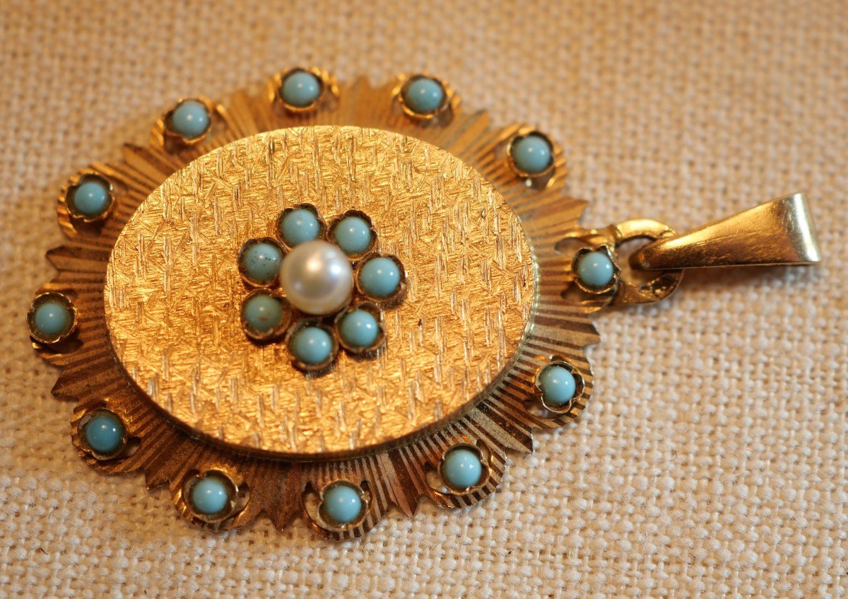 Pendentif Or 18k - 18 Carats - Or 750 Poinçon Tête Aigle Turquoises Et Perle - XIX Rev24oor001-photo-3