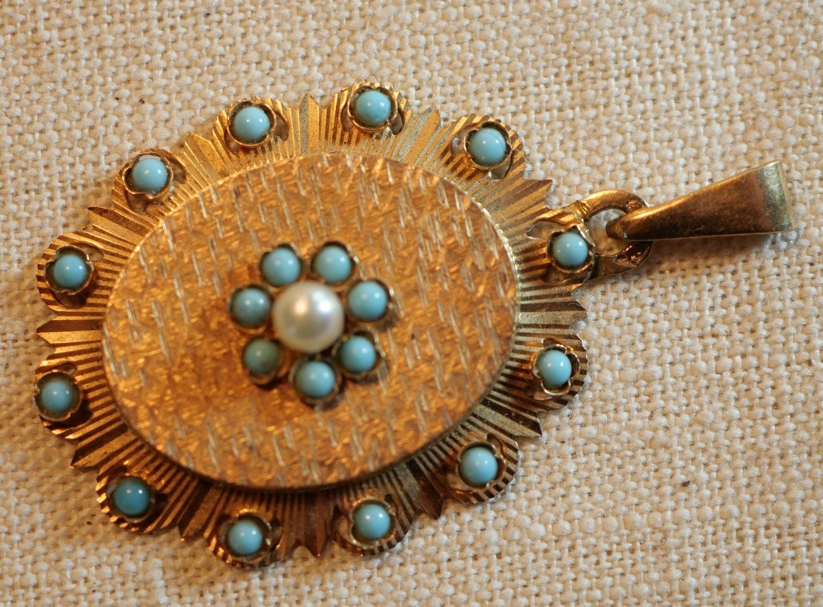 Pendentif Or 18k - 18 Carats - Or 750 Poinçon Tête Aigle Turquoises Et Perle - XIX Rev24oor001-photo-1