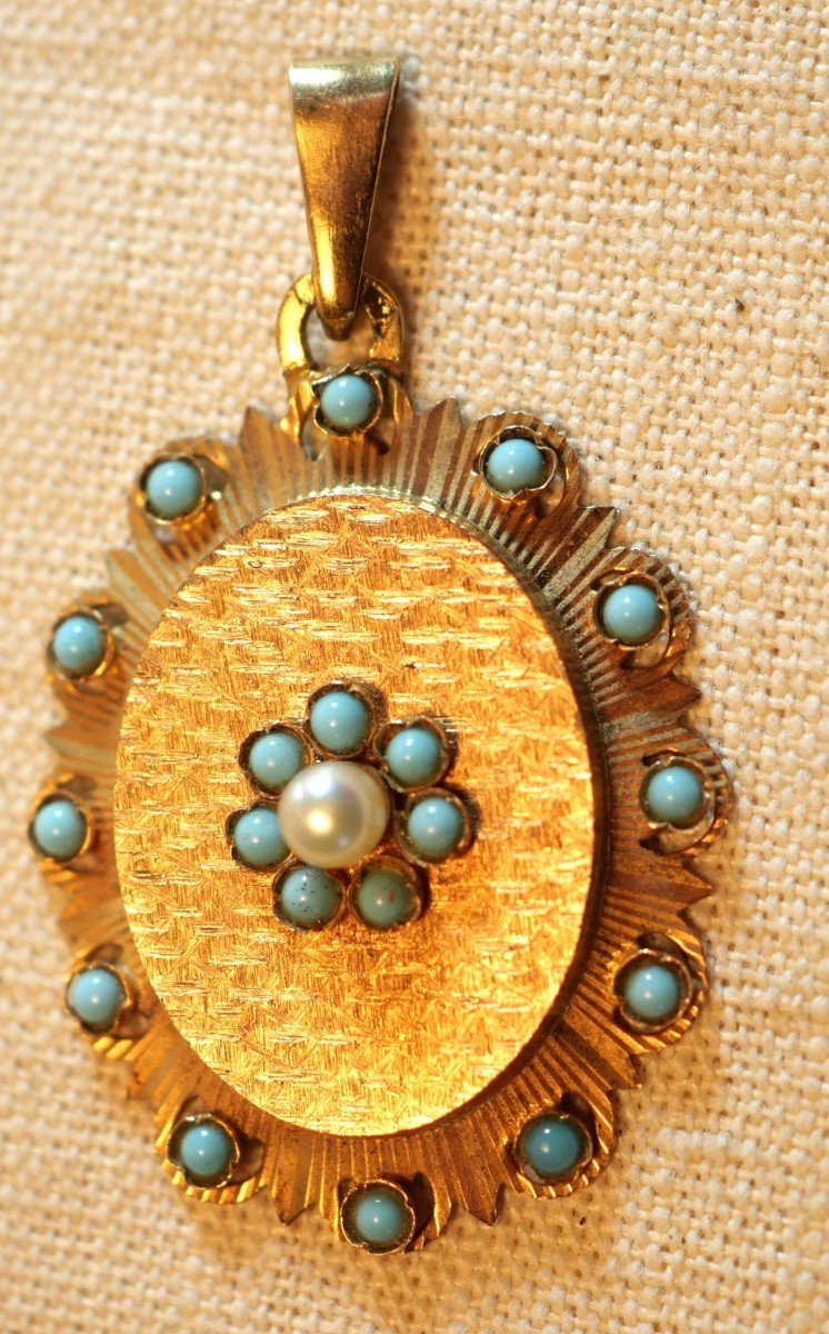 Pendentif Or 18k - 18 Carats - Or 750 Poinçon Tête Aigle Turquoises Et Perle - XIX Rev24oor001