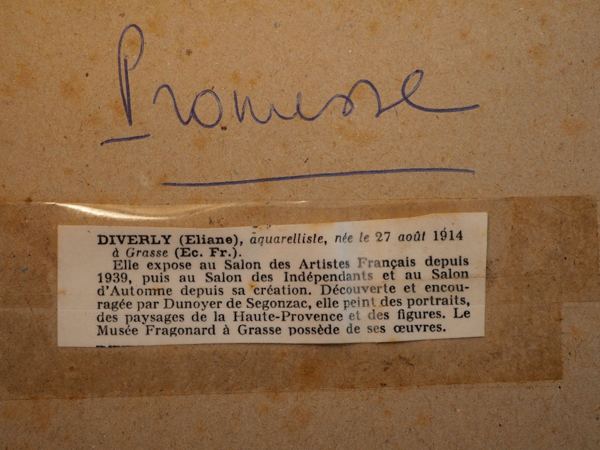 Beau Dessin Encadré d'Eliane Diverly (1914-2012). Promesse. Technique Mixte Sur Papier, Signée -photo-6