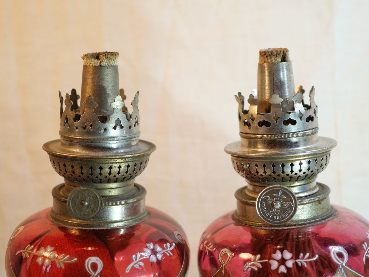 Pair Of Kosmos Brenner Oil Lamps Enameled Glass With Gilding XIX - Sdb25lmp001 -photo-3