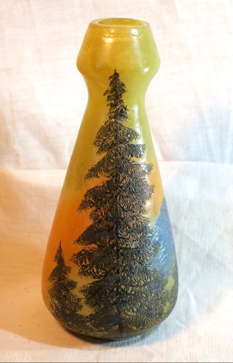 Art Nouveau Vase Signé Legras Verre Soufflé Décor émaillé Lac Montagnes Sapins Ssl24leg001-photo-2