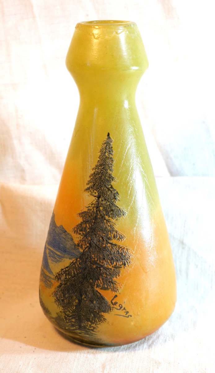 Art Nouveau Vase Signé Legras Verre Soufflé Décor émaillé Lac Montagnes Sapins Ssl24leg001