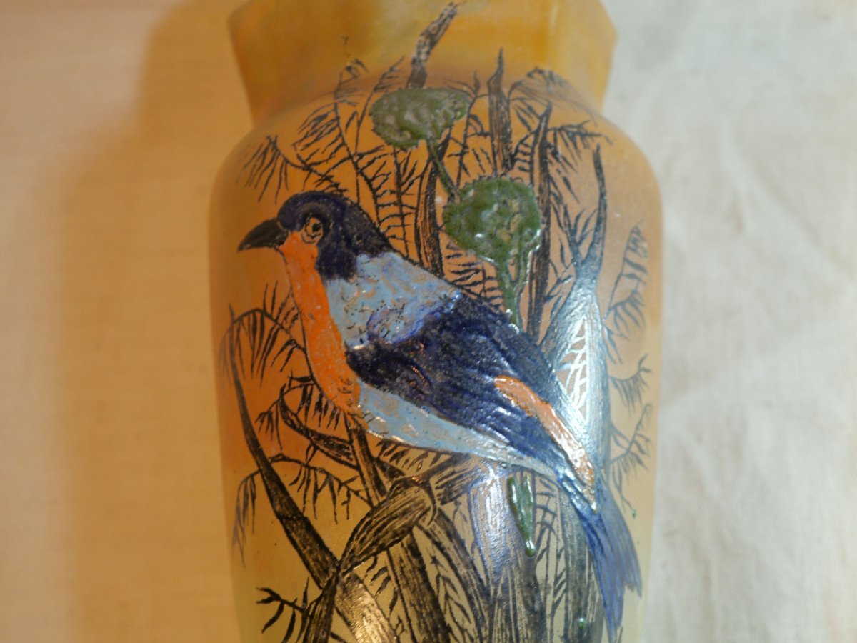 Legras Blown Glass Vase Enameled Bird And Branches Decor Signed “leg” Ssl24leg002-photo-7